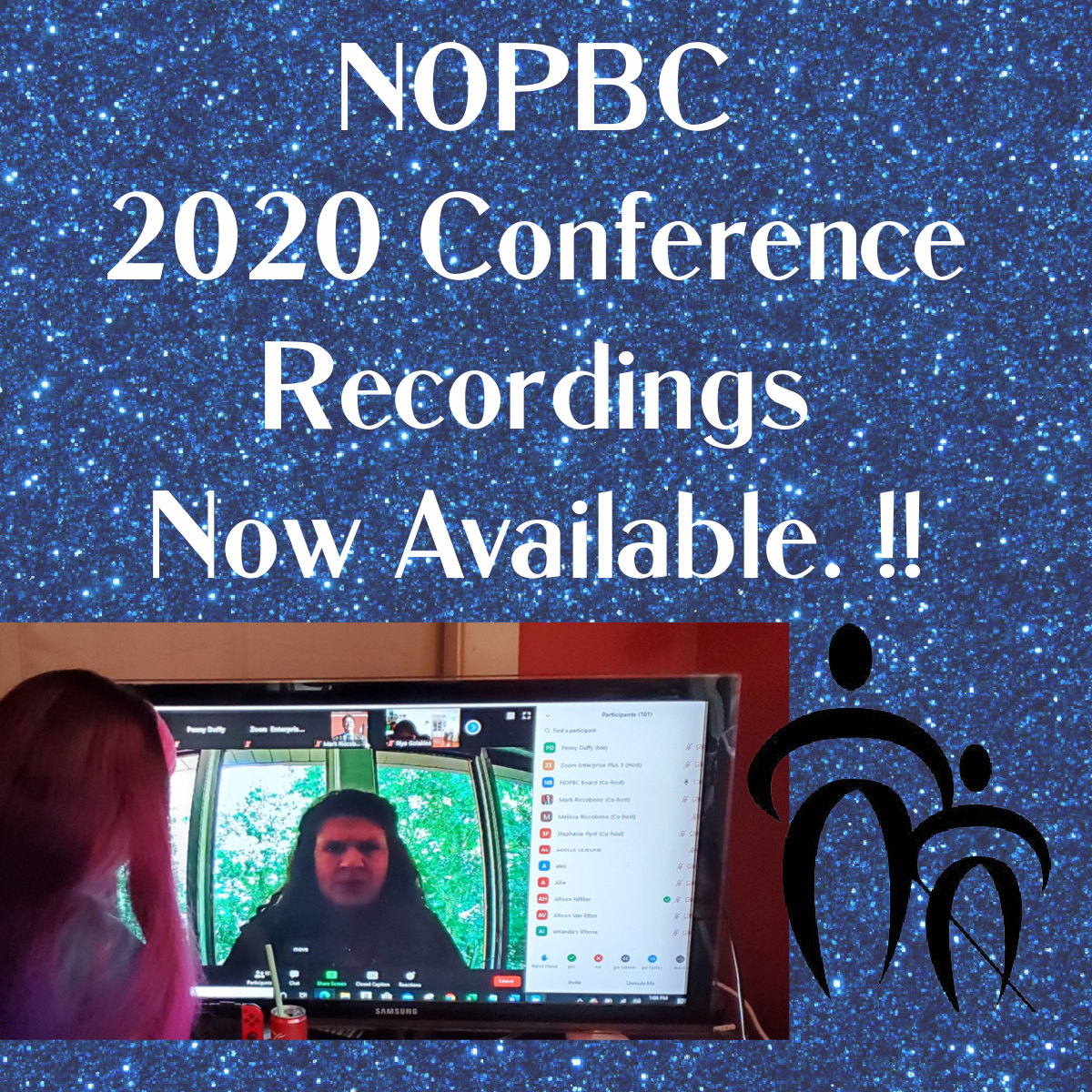 blue glitter background with the text 2020 Nopbc conference recordings now available. image a girl in front screen with Carlton walker on it.   