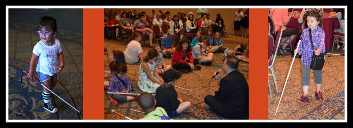 Three images image to the left a young girl with a cane President Riccobono doing kid talk at convention. kid listening to him talk on the floor. third picture a teen girl  with a cane.  